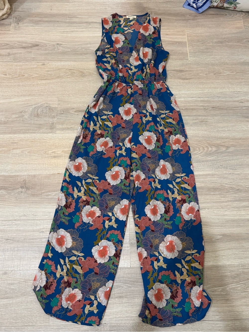 Monteau Navy Floral Sleeveless Wide-Leg Jumpsuit